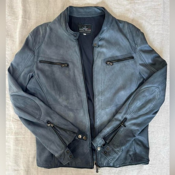 Vera Pelle Slate Blue Leather Bomber Jacket - IT 54 - fits a Medium/Large